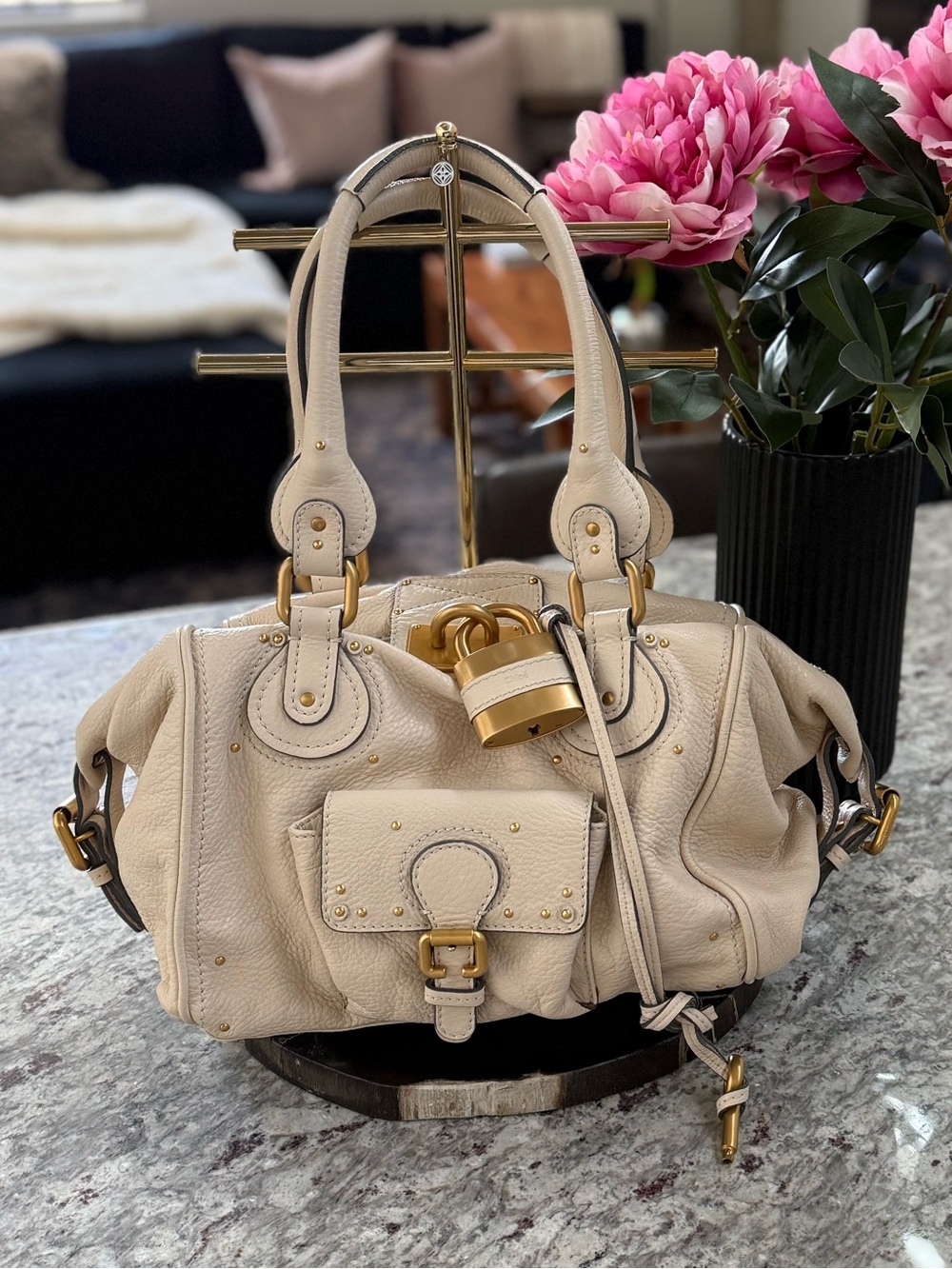 Vintage Chloé Paddington Bag Cloudy Cream Grained Leather Large Lock Satchel Y2K